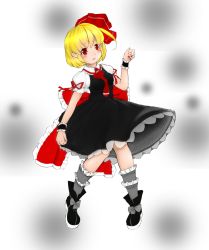 Rule 34 | 1girl, :o, blonde hair, boots, bow, embellished costume, frilled bow, frilled skirt, frills, hair ribbon, highres, large bow, necktie, puffy short sleeves, puffy sleeves, ribbon, rumia, shirai (sirousasousaku), short hair, short sleeves, skirt, touhou, vest, wrist cuffs