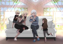 Rule 34 | 2boys, 3girls, absurdres, age difference, azur lane, baby carry, barefoot, bismarck (azur lane), black pants, black shirt, blonde hair, blue eyes, blue footwear, blue shirt, brown eyes, brown hair, carrying, commander cool, couch, finger in own mouth, green eyes, grey pants, grey shirt, highres, long hair, long sleeves, mother and daughter, mother and son, multiple boys, multiple girls, pants, shirt, short hair, short sleeves, sitting, tirpitz (azur lane), white footwear, white hair