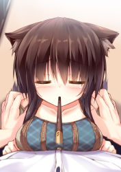 Rule 34 | 1boy, 1girl, animal ears, blush, breast press, breasts, brown hair, cat ears, collarbone, closed eyes, face, food, hands on another&#039;s shoulders, large breasts, long hair, mia flatpaddy, original, pocky, pocky day, pov, syroh