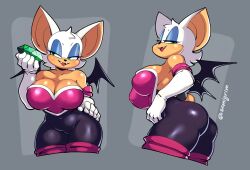 Rule 34 | 1girl, 2022, absurdres, animal ears, arched back, ass, backless outfit, bat girl, bat wings, black bodysuit, blue eyeshadow, blush, bodysuit, boots, breasts, chaos emerald, cleavage, collarbone, commentary, contrapposto, covered erect nipples, covered navel, cropped legs, elbow gloves, english commentary, eyeshadow, fangs, female focus, from side, furry, furry female, gloves, green eyes, grey background, half-closed eyes, hand on own hip, highres, hip focus, holding, knee boots, large breasts, leaning forward, looking at viewer, makeup, multiple views, open mouth, red lips, rouge the bat, semlgrim, short hair, sideboob, sideways glance, simple background, smile, solo, sonic (series), straight-on, tail, thick thighs, thighs, white fur, white gloves, white hair, wings