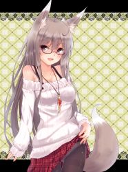 Rule 34 | 1girl, :d, ahoge, animal ears, bare shoulders, black pantyhose, blush, breasts, clothes lift, collarbone, fox ears, fox tail, glasses, grey hair, highres, jewelry, letterboxed, long hair, long sleeves, medium breasts, necklace, open mouth, original, panties, panties under pantyhose, pantyhose, pendant, plaid, plaid skirt, purple eyes, red-framed eyewear, red eyes, second heaven, shiny clothes, sidelocks, skirt, skirt lift, sleeves past wrists, smile, solo, strap, sweater, tail, thighband pantyhose, underwear, unmoving pattern, upskirt