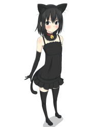 Rule 34 | 1girl, animal ear fluff, animal ears, arms at sides, bell, black dress, black gloves, black hair, black thighhighs, blush, cat ears, cat tail, choker, collar, dress, elbow gloves, gloves, highres, kurobuta (iina), looking at viewer, neck bell, original, short hair, simple background, solo, tail, thighhighs, white background