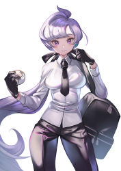Rule 34 | 1girl, absurdres, alternate hair length, alternate hairstyle, anabel (pokemon), bag, black bag, black gloves, black necktie, black pants, blush, breasts, closed mouth, collared shirt, commentary, cowboy shot, creatures (company), earrings, fish bread, floating hair, game freak, gloves, highres, holding, holding poke ball, jewelry, long hair, looking at viewer, necktie, nintendo, pants, poke ball, pokemon, pokemon sm, ponytail, purple eyes, purple hair, shirt, smile, solo, very long hair, white shirt