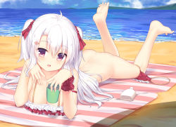 Rule 34 | 1girl, :d, ahoge, ass, bad id, bad pixiv id, bare shoulders, barefoot, beach, bikini, bikini around one leg, blue sky, blush, bottle, bottomless, breasts, cleavage, cloud, collarbone, cup, day, hair between eyes, hair ribbon, highres, holding, holding cup, horizon, large breasts, legs up, long hair, looking at viewer, lying, ocean, on stomach, open mouth, original, outdoors, purple eyes, red bikini, red ribbon, ribbon, sand, sidelocks, silver hair, sky, smile, solo, striped, swimsuit, tsubaki (yi), two side up, very long hair, water, wrist cuffs