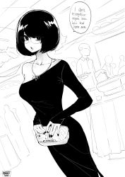 Rule 34 | 1girl, 4boys, bag, breasts, chanel, collarbone, commentary, crowd, desyana laurentia, dress, english commentary, english text, feet out of frame, glasses, greyscale, handbag, high contrast, highres, long dress, long sleeves, looking at viewer, medium breasts, mole, mole on breast, mole under eye, monochrome, multiple boys, nail polish, no bra, norman maggot, off-shoulder dress, off shoulder, open mouth, original, pout, pov, rimless eyewear, short hair, single bare shoulder, sleeves past wrists, solo focus, speech bubble, standing, swept bangs, teeth, upper teeth only