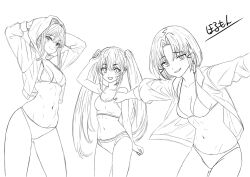 Rule 34 | 3girls, :d, arms behind head, artist name, bandaid, bandaid on cheek, bandaid on face, bikini, blush, breasts, cleavage, closed mouth, cropped jacket, drake (nikke), gluteal fold, goddess of victory: nikke, greyscale, grin, highres, hood, hood up, hooded jacket, hormone nikke, jacket, laplace (nikke), looking at viewer, maxwell (nikke), medium breasts, monochrome, multiple girls, navel, open mouth, outstretched arms, short hair with long locks, sidelocks, small breasts, smile, spread arms, swimsuit, twintails