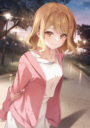 Rule 34 | 1girl, arms behind back, blonde hair, blush, brick road, brown eyes, cardigan, character request, collarbone, copyright request, cowboy shot, fingernails, highres, lamppost, lens flare, long fingernails, looking at viewer, medium hair, pink cardigan, reflection, shadow, shirt, sleeves past wrists, smile, solo, sunset, tree, white shirt, zattape