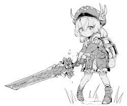 Rule 34 | 1girl, ahoge, backpack, bag, boots, ddari, dress, genshin impact, gloves, greatsword, greyscale, hair between eyes, hat, hat feather, highres, holding, holding sword, holding weapon, klee (genshin impact), long sleeves, looking at viewer, monochrome, simple background, solo, standing, sword, weapon, white background