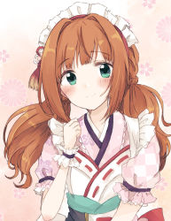 Rule 34 | 1girl, baran. (ba ra ran), blush, clenched hand, floral print, frilled sleeves, frills, green eyes, hair intakes, highres, idolmaster, idolmaster (classic), idolmaster million live!, looking at viewer, maid headdress, orange hair, patterned background, smile, solo, takatsuki yayoi, twintails, upper body, wrist cuffs