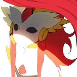 Rule 34 | 1girl, black eyes, colored skin, dubu (dubus2), highres, horns, kindred (league of legends), lamb (league of legends), league of legends, long hair, no mouth, red hair, red horns, shadowfire kindred, solo, upper body, white skin