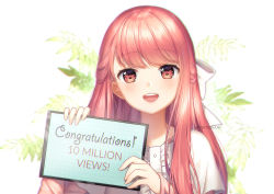 Rule 34 | 1girl, :d, artist name, blush, congratulations, english text, hair ribbon, half updo, holding, leaf, leaf background, long hair, looking at viewer, milestone celebration, open mouth, pink eyes, pink hair, ribbon, rin (shelter), rosuuri, round teeth, shelter (song), smile, solo, sparkle, teeth, upper body, white ribbon