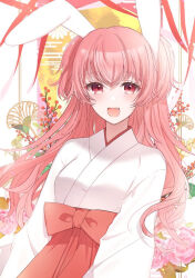 Rule 34 | 1girl, alternate costume, animal ears, breasts, flower, japanese clothes, long hair, long sleeves, looking at viewer, mairu003, miko, momoi airi, open mouth, pink eyes, pink hair, project sekai, rabbit ears, sharp teeth, tagme, teeth, two side up