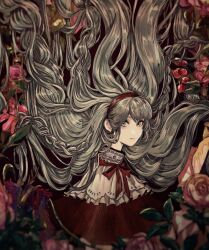 Rule 34 | 1girl, absurdly long hair, capelet, closed mouth, commentary request, flower, grey eyes, grey hair, hairband, highres, long hair, looking at viewer, minai mosa, neck ribbon, original, pink flower, pink rose, red capelet, red ribbon, ribbon, rose, solo, upper body, very long hair
