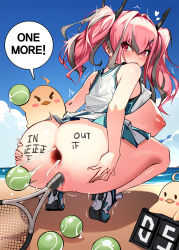 Rule 34 | 1girl, 2others, anus, ass, azur lane, ball, beach, breasts, censored, english text, female focus, gaping anus, heart, heart-shaped pupils, large breasts, multiple others, nipples, object insertion, outdoors, pink hair, pleated skirt, pussy, racket, shoes, skirt, sneakers, spread ass, squatting, symbol-shaped pupils, tagme, tennis ball, tennis racket, text focus, vaginal, vaginal object insertion, yeong r6