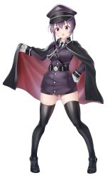 Rule 34 | 1girl, absurdres, belt, belt buckle, black belt, black cape, black footwear, black necktie, black thighhighs, boots, breast pocket, breasts, buckle, cape, cape hold, collared shirt, commentary, commission, dress, full body, gloves, gochuumon wa usagi desu ka?, hand on own hip, hat, highres, lapels, long sleeves, looking at viewer, medium breasts, necktie, open mouth, peaked cap, pixiv commission, pocket, purple dress, purple eyes, purple hair, purple hat, red cape, shirt, short dress, shoulder belt, simple background, solo, standing, tedeza rize, thigh boots, thighhighs, thighs, two-sided cape, two-sided fabric, unicron (brous), white background, white gloves, white shirt, zettai ryouiki