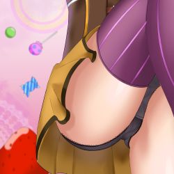 Rule 34 | 10s, 1girl, bad id, bad pixiv id, black panties, candy, female focus, food, fruit, gradient background, head out of frame, lollipop, magical girl, mahou shoujo madoka magica, mahou shoujo madoka magica (anime), panties, pantyshot, skirt, solo, strawberry, striped clothes, striped thighhighs, thighhighs, tomoe mami, underwear, uwanosora, vertical-striped clothes, vertical-striped thighhighs