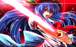 Rule 34 | 1girl, blue hair, bow, female focus, hat, highres, hinanawi tenshi, lights, long hair, looking at viewer, nekominase, open mouth, puffy sleeves, red eyes, ribbon, short sleeves, smile, solo, sword of hisou, touhou, upper body, very long hair, wind