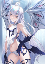 Rule 34 | 1girl, banned artist, bare shoulders, breasts, brown eyes, dragon wings, dress, melusine (fate), fate/grand order, fate (series), forked eyebrows, grin, horns, kyoeiki, long hair, looking at viewer, panties, pelvic curtain, revealing clothes, sideboob, sidelocks, small breasts, smile, solo, tail, thighs, underwear, white dress, white hair, white panties, wings