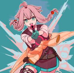 Rule 34 | 1girl, aiming, aiming at viewer, aqua gloves, aqua shorts, arknights, belt, braid, brown belt, brown jacket, brown vest, clothes around waist, commentary, excited, explosion, flipped hair, glasses, gloves, green background, green eyes, gun, highres, holding, holding gun, holding weapon, jacket, jacket around waist, looking at viewer, may (arknights), nnicoinu, open mouth, pink hair, polka dot shadow, pouch, shirt, short hair, short sleeves, short twintails, shorts, simple background, solo, sweater vest, teeth, thigh pouch, topknot, twintails, undershirt, upper teeth only, vest, weapon, white shirt