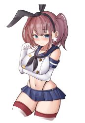 Rule 34 | 1girl, absurdres, alternate costume, atlanta (kancolle), black hairband, black neckerchief, black panties, blue sailor collar, blue skirt, blush, breasts, brown hair, cosplay, cowboy shot, crop top, earrings, elbow gloves, gloves, grey eyes, hairband, highleg, highleg panties, highres, jewelry, kantai collection, large breasts, long hair, looking at viewer, microskirt, neckerchief, panties, sailor collar, shimakaze (kancolle), shimakaze (kancolle) (cosplay), simple background, single earring, skirt, solo, star (symbol), star earrings, striped clothes, striped thighhighs, sweatdrop, tf cafe, thighhighs, thong, two side up, underwear, white background, white gloves