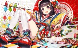 Rule 34 | 1girl, artist name, bird, blush, brown hair, commentary request, floral print, flower, hair flower, hair ornament, holding, holding umbrella, japanese clothes, kimono, lying, mika pikazo, obi, official art, open mouth, original, purple eyes, sash, short hair, solo, thighhighs, umbrella, white thighhighs