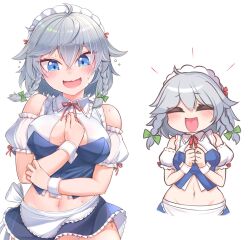 Rule 34 | 1girl, bare shoulders, blue eyes, blush, breasts, groin, harunoha, highres, izayoi sakuya, maid, medium breasts, navel, open mouth, panties, side-tie panties, simple background, solo, sweat, sweatdrop, tearing up, touhou, underwear, white background