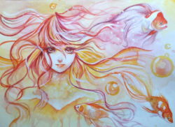 Rule 34 | 1girl, bubble, fish, goldfish, highres, limited palette, long hair, looking at viewer, mr. j.w, original, painting (medium), red eyes, red hair, traditional media, watercolor (medium)