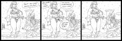 Rule 34 | 1boy, 1girl, absurdres, armor, bad id, bb (baalbuddy), bikini, braid, breasts, cleavage, comic, dwarf, english text, greyscale, highres, holding, holding sword, holding weapon, inactive account, monochrome, muscular, muscular female, outdoors, snow, snowing, standing, swimsuit, sword, weapon