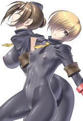 Rule 34 | 2girls, :o, armband, ass, back, back cutout, black legwear, blonde hair, bodysuit, breasts, brown eyes, brown hair, capcom, closed eyes, clothing cutout, covered erect nipples, cowboy shot, flat chest, from side, garrison cap, hair bun, hair over one eye, hat, impossible clothes, impossible leotard, juli (street fighter), juni (street fighter), kansuke, large breasts, leaning forward, leotard, looking at viewer, multiple girls, necktie, nipples, orange hair, outline, pantyhose, profile, ribbed leotard, see-through, short hair, shoulder pads, simple background, single hair bun, small breasts, street fighter, thong leotard, turtleneck, white background
