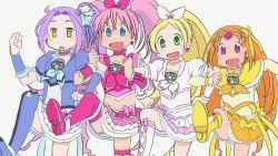 Rule 34 | 4girls, bad id, bad pixiv id, blonde hair, blue eyes, blue footwear, blue skirt, blush, boots, bow, braid, brooch, bubble skirt, choker, circlet, crossover, cure beat, cure melody, cure muse, cure muse (yellow), cure rhythm, earrings, frilled skirt, frilled sleeves, frills, green eyes, hair bow, hair ornament, hair ribbon, heart, houjou hibiki, jewelry, knee boots, kurokawa eren, leg up, long hair, long sleeves, magical girl, midriff, minamino kanade, multiple girls, nichijou, open mouth, orange hair, parody, pink bow, pink eyes, pink hair, ponytail, precure, puffy short sleeves, puffy sleeves, purple hair, ribbon, seiren (suite precure), shirabe ako, short sleeves, show-nosuke, side ponytail, simple background, simple series, skirt, smile, suite precure, thigh boots, thighhighs, twintails, very long hair, white choker, wrist cuffs, yellow bow, yellow eyes