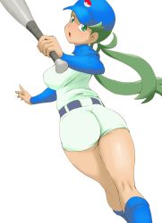 Rule 34 | 1girl, ass, baseball bat, baseball cap, baseball uniform, belt, blush, breasts, creatures (company), dark-skinned female, dark skin, from behind, game freak, green eyes, green hair, hat, highres, kneepits, legs, long sleeves, looking at viewer, looking back, mallow (pokemon), medium breasts, nintendo, open mouth, pokemon, pokemon (anime), pokemon sm (anime), shorts, sideboob, simple background, solo, sportswear, thighs, tof, twintails, white background