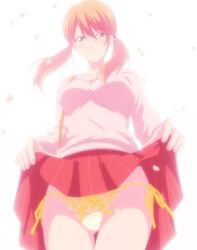 Rule 34 | 1girl, absurdres, anime screenshot, blush, breasts, brown hair, clothes lift, collarbone, gluteal fold, groin, hair between eyes, highres, lifting own clothes, lingerie, long sleeves, looking at viewer, medium breasts, megami no kafeterasu, panties, pink sweater, red eyes, red skirt, screencap, side-tie panties, sidelocks, skirt, skirt lift, smile, stitched, sweater, thigh gap, thighs, third-party edit, tsukishima riho, twintails, underwear, yellow panties