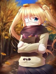 Rule 34 | 1girl, black skirt, blonde hair, blue eyes, blurry, blurry background, coat, crossed arms, day, duffel coat, eyepatch, floating hair, gloves, hair between eyes, leaf, leaf on head, long hair, long sleeves, looking at viewer, miniskirt, mittens, nakatsu shizuru, open mouth, outdoors, pleated skirt, rewrite, scarf, skirt, solo, standing, tagame (tagamecat), twintails, very long hair, white coat, white gloves