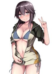 Rule 34 | 1girl, absurdres, bikini, blush, breasts, brown eyes, brown hair, cleavage, commentary request, green jacket, hair between eyes, halterneck, hayasui (kancolle), highres, jacket, kantai collection, kuromayu, large breasts, looking at viewer, open clothes, open jacket, partially unzipped, short hair, side-tie bikini bottom, simple background, smile, solo, string bikini, swimsuit, v, white background