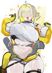 Rule 34 | !?, 1girl, absurdres, ahoge, bare shoulders, belly grab, blonde hair, breasts, cowboy shot, disembodied hand, elegg (nikke), gloves, goddess of victory: nikke, hair intakes, hair over eyes, hands on another&#039;s stomach, highres, kurenaiz (kuayrenaiz), large breasts, long bangs, long sleeves, medium hair, multicolored hair, navel, open mouth, shorts, simple background, solo focus, thick thighs, thighs, two-tone hair, white background, yellow background, yellow gloves