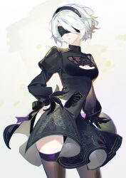 Rule 34 | 1girl, 2b (nier:automata), absurdres, black blindfold, black dress, black gloves, black hairband, black thighhighs, blindfold, breasts, cleavage, cleavage cutout, clothing cutout, dress, ershuihe, feather-trimmed sleeves, gloves, hairband, highres, juliet sleeves, leotard, leotard under clothes, long sleeves, medium breasts, mole, mole under mouth, nier:automata, nier (series), puffy sleeves, short hair, simple background, solo, thighhighs, white hair