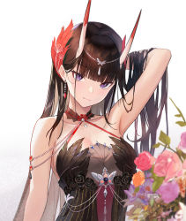 Rule 34 | 1girl, absurdres, arm up, armpits, azur lane, bare shoulders, black dress, black hair, blunt bangs, blurry, blurry foreground, breasts, circlet, cleavage, closed mouth, collarbone, depth of field, dress, earrings, flower, hand in own hair, highres, horns, jewelry, long hair, looking at viewer, medium breasts, noshiro (a tale of two lovers) (azur lane), noshiro (azur lane), oni horns, orange flower, orange rose, pink flower, pink rose, purple eyes, rose, shaobao (sdhx3728), simple background, single earring, sleeveless, sleeveless dress, smile, solo, upper body, white background