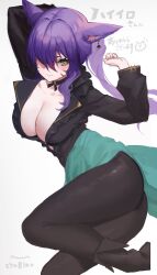 Rule 34 | 1girl, animal ears, arm over head, black footwear, black leggings, boots, breasts, cat ears, cat tail, cleavage, cyobiro, drop earrings, earrings, facial mark, final fantasy, final fantasy xiv, green eyes, hand up, highres, jewelry, large breasts, leggings, looking at viewer, lying, miqo&#039;te, on side, purple hair, signature, solo, tail, thank you, whisker markings