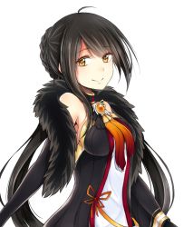 Rule 34 | 1girl, ahoge, ara haan, ara han, armpit peek, asymmetrical hair, asymmetrical sleeves, black dress, black gloves, black hair, braid, breasts, brooch, closed mouth, dress, elbow gloves, elsword, from side, fur, gloves, jewelry, long sleeves, looking to the side, low twintails, medium breasts, moyashi (rina), neck ribbon, ribbon, sideboob, smile, solo, twintails, uneven sleeves, upper body, white background, wide sleeves, yama raja (elsword), yellow eyes