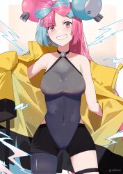 Rule 34 | 1girl, absurdres, bare shoulders, blue hair, bow-shaped hair, breasts, character hair ornament, clenched teeth, collarbone, covered navel, creatures (company), game freak, grey leotard, grey pantyhose, hair ornament, hexagon print, highres, iono (pokemon), jacket, leotard, long hair, looking at viewer, medium breasts, multicolored hair, mush (mushlicious), nintendo, pantyhose, pink hair, pokemon, pokemon sv, red eyes, sharp teeth, single leg pantyhose, smile, solo, teeth, thigh strap, twitter username, two-tone hair, yellow jacket