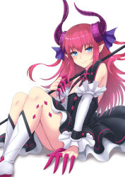 Rule 34 | 10s, 1girl, absurdres, blue eyes, commentary request, detached sleeves, dragon girl, dragon horns, elizabeth bathory (fate), elizabeth bathory (fate/extra ccc), elizabeth bathory (first ascension) (fate), fate/extra, fate/extra ccc, fate (series), flat chest, highres, holding, horns, looking at viewer, pointy ears, polearm, red hair, simple background, sitting, smile, solo, weapon, white background, yuki7128