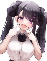 Rule 34 | 1girl, :d, absurdres, alternate costume, azur lane, black bow, black bowtie, black hair, black nails, blush, bow, bowtie, breasts, brown hair, casual, collared shirt, fang, fingers to mouth, gokusei, hair between eyes, hair bow, hair ornament, hair over one eye, hairpin, hands up, happy, heart, heart hair ornament, highres, large breasts, long hair, medium breasts, nail polish, open mouth, pamiat merkuria (azur lane), pink eyes, pointing, pointing at mouth, pointing at self, school uniform, shirt, smile, solo, twintails, upper body, white shirt