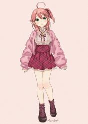 Rule 34 | 1girl, ahoge, alternate costume, animal print, black footwear, blush, breasts, buttons, cat print, chestnut mouth, green eyes, hair ornament, hairclip, highres, hololive, knees, long hair, long sleeves, looking at viewer, mizutamako, one side up, pink background, pink hair, pink skirt, pink sleeves, sakura miko, shoes, signature, skirt, solo, virtual youtuber