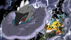 animal_focus blacknirrow cloud commentary creatures_(company) electricity english_commentary game_freak highres long_neck nintendo no_humans pokemon pokemon_(creature) purple_eyes raging_bolt spikes standing tail