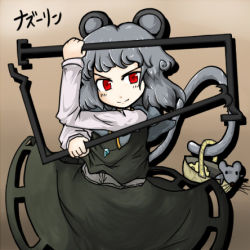 Rule 34 | 1girl, animal ears, character name, female focus, gradient background, grey hair, lowres, mouse (animal), mouse ears, nazrin, non-web source, red eyes, short hair, solo, standing, tail, touhou