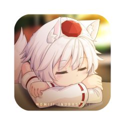 Rule 34 | 1girl, animal ears, arm rest, blurry, blurry background, blush, character name, closed eyes, commentary request, crossed arms, detached sleeves, eyelashes, flipped hair, hat, head rest, inubashiri momiji, light blush, open mouth, ribbon-trimmed sleeves, ribbon trim, saisoku no yukkuri, shirt, short hair, sleeping, solo, swept bangs, tail, tokin hat, touhou, transparent background, two-tone background, upper body, white hair, white shirt, wolf ears, wolf tail