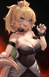 Rule 34 | 1girl, armlet, bare shoulders, blonde hair, blue eyes, bowsette, breasts, cleavage, collar, crown, dress, female focus, horns, iouley, large breasts, looking at viewer, mario (series), monster girl, new super mario bros. u deluxe, nintendo, open mouth, pointy ears, ponytail, sharp teeth, showgirl skirt, sleeveless, sleeveless dress, smile, solo, spiked shell, spiked tail, strapless, strapless dress, super crown, tail, teeth