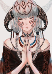 Rule 34 | 1girl, black nails, blunt bangs, braid, chain, closed eyes, facepaint, grey hair, highres, horns, jewelry, long hair, nail polish, necklace, original, own hands together, solo, twin braids, upper body, yuusei tsukiro