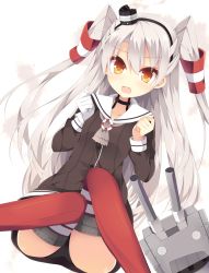 Rule 34 | 10s, 1girl, amatsukaze (kancolle), bad id, bad pixiv id, blush, brown hair, dress, gloves, hair tubes, highres, kantai collection, knees together feet apart, long hair, nibiiro shizuka, open mouth, panties, pantyshot, red thighhighs, rensouhou-chan, rensouhou-kun, sailor dress, see-through, silver hair, single glove, sitting, solo, thighhighs, two side up, underwear, white gloves