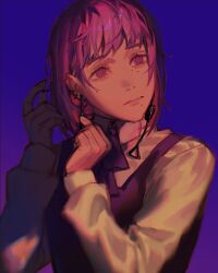 Rule 34 | 1girl, adjusting earrings, blue background, chainsaw man, closed mouth, earrings, fami (chainsaw man), gradient background, head tilt, highres, jewelry, keibleh, long sleeves, medium hair, multiple earrings, purple background, purple eyes, purple hair, purple vest, ringed eyes, school uniform, shirt, solo, vest, white shirt